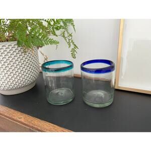 Vintage Mexican Hand Blown Cobalt Blue & Teal-Rimmed Glasses / Juice Water Glass